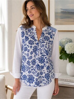 Foxcroft Colette Blouse Size 6 Blue White Floral Long Sleeve Button Front NWT